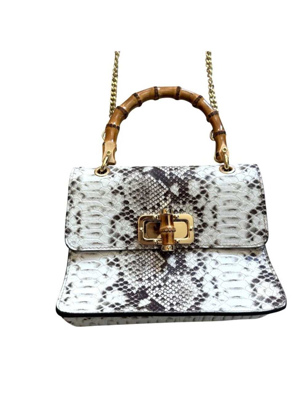 Women's Crossbody Bag White Python Print Genuine Leather Bamboo Handle Italy